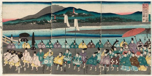 Utagawa Yoshitora: The Procession of Lord Ashikaga Yoshimasa on an Excursion to Higashiyama (Ashikaga Yoshimasa kô Higashiyama yûran on-gyôretsu no zu) - Museum of Fine Arts
