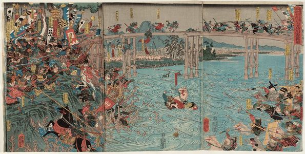 Utagawa Yoshitora: The Great Battle of the Uji River, on the 16th Day of the Third Month, 1184 (Juei sannen jûrokunichi Ujikawa ôgassen zu) - Museum of Fine Arts
