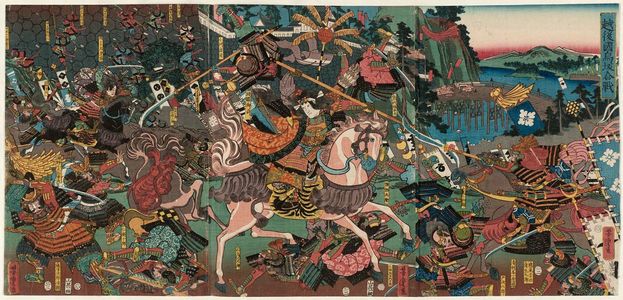 Utagawa Yoshitora: The Battle of Torizaka in Echizen Province (Echigo no kuni Torizaka kassen): Lady Hangaku in Battle - Museum of Fine Arts