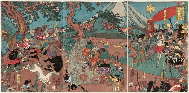 Utagawa Yoshitora: Lord Yoritomo's Hunt on Fuji Plain in the Fifth Month of 1193 (Kenkyû yonen gogatsu Daishô Yoritomo kô Fujino makigari no zu) - Museum of Fine Arts