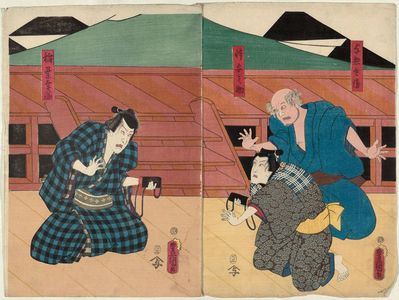 Utagawa Kunisada: Actors Asao Yoroku II as Yosobei, Kawarazaki Gonjûrô I as Son Yonosuke (R) and Ichikawa Kodanji IV as Inaba Kôzô (L) - Museum of Fine Arts