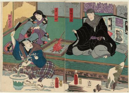 Utagawa Kunisada: Actors Ichikawa Ebizô V as Saimyôji-dono (R), Onoe Kikugorô V as Wife (Tsuma) Shirotae, and Ichikawa Kodanji IV as Sano Genzaemon (L) - Museum of Fine Arts