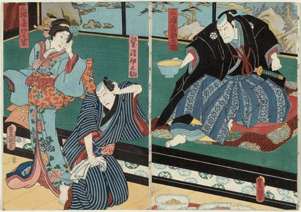 Utagawa Kunisada: Actors Asao Yoroku II as Miura Hyôbunosuke (R), Bandô Hikosaburô V as Hairdresser (Kamiyui) Inosuke, and Onoe Kikugorô IV as Miura's Mistress (Mekake) Wakakusa (L) - Museum of Fine Arts