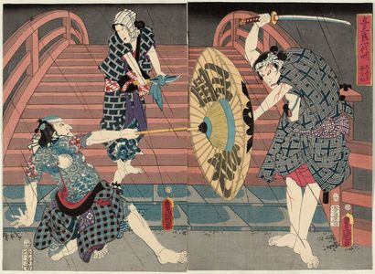 Utagawa Kunisada: Actors Ichikawa Danjûrô VIII (R), Bandô Shûka I, and Matsumoto Kinshô I (L), in Yosaburô Ichidaiki - Museum of Fine Arts