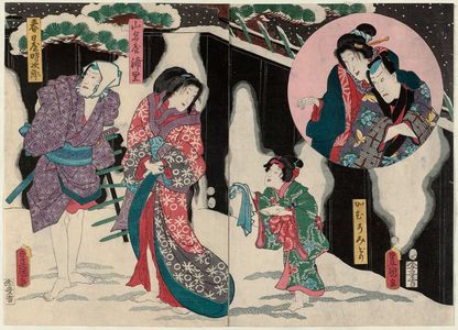 Utagawa Kunisada: Actors Ichikawa Danjûrô VIII as Tokijirô and Bandô Shûka I as Urazato (in inset); Bandô Mitsugorô VI as the Kamuro Midori (R), Iwai Kumesaburô III as Yamanaya Urazato, and Nakamura Fukusuke I as Kasugaya Tokijirô (L) - Museum of Fine Arts