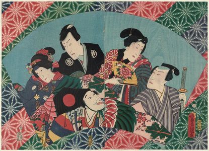 Utagawa Kunisada: Actors Kawarazaki Gonjûrô I as Hozumi Shinzaburô, Iwai Kumesaburô III as Geisha Miyokichi (R), Nakamura Shikan IV as Sanbasô, Ichikawa Ichizô III as Iwami Jûtarô, and Sawamura Tanosuke III as Oume (L) - Museum of Fine Arts