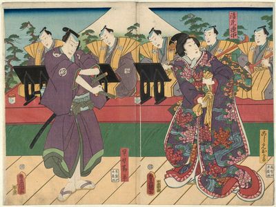 Utagawa Kunisada: Actors Onoe Kikugorô IV as Koshimoto Okaru (R) and Nakamura Fukusuke I as Hayano Kanpei (L) - Museum of Fine Arts