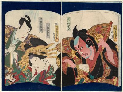 Utagawa Kunisada: Actors Nakamura Shikan IV as Iwanaga (R) and Onoe Eizaburô 4.5 as Akoya, Ichikawa Ichizô III as Shigetada (L) - Museum of Fine Arts