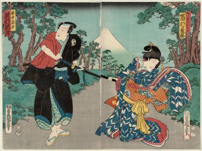 Utagawa Kunisada: Actors Ichimura Kakitsu IV as Koshimoto Okaru (R) and Sawamura Tosshô II as Hayano Kanpei (L) - Museum of Fine Arts