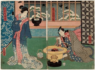 Utagawa Kunisada: Actors Nakamura Fukusuke I as Kasugaya Tokijirô (R) and Iwai Kumesaburô III as Yamanaya Urazato (L) - Museum of Fine Arts
