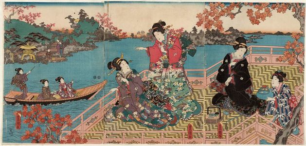 歌川国貞: Ladies on a Riverside Terrace in Autumn - ボストン美術館