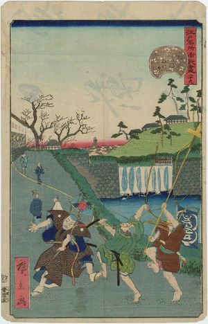 Utagawa Hirokage: No. 34, Outside the Gate at Toranomon (Tora-no-gomon soto no kei), from the series Comical Views of Famous Places in Edo (Edo meisho dôke zukushi) - Museum of Fine Arts