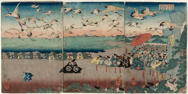 歌川国芳: (Udaishô Yoritomo kô Tsurugaoka Hachimangû e hôraku no tame senba no tsuru o...no zu) - ボストン美術館