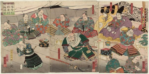 Utagawa Kuniyoshi: In the Kusunoki Camp, Sugimoto Akiyuki Is Rewarded with an Inscribed Sword (Kusunoki no jinchû ni Sugimoto Akiyuki o hakatte meiken o eru no zu) - Museum of Fine Arts