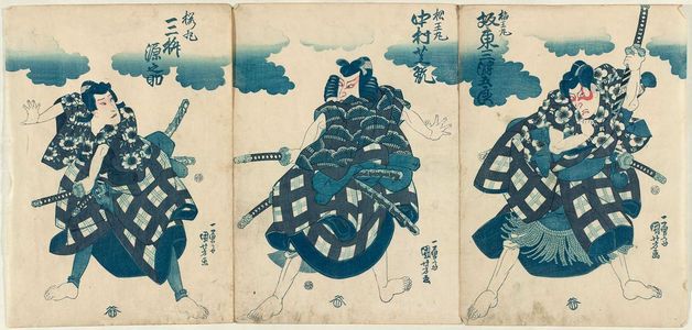 Utagawa Kuniyoshi: Actors Bandô Mitsugorô as Umeô-maru (R), Nakamura Shikan as Matsuô-maru (C), and Mimasu Gennosuke as Sakura-maru (L) - Museum of Fine Arts