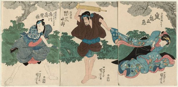 Utagawa Kuniyoshi: Actors Arashi Kamenojô (R), Seki Sanjûrô as Hôkaibô (C), Ichikawa Komazô (L) - Museum of Fine Arts