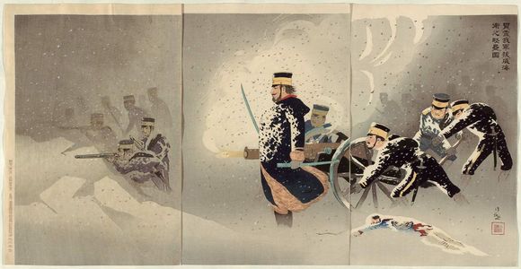 小林清親: Braving the Snow, Our Troops Capture the Stronghold at Weihaiwei (Yuki o okashite, waga gun Ikaiei no kenrui o nuku zu) - ボストン美術館