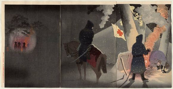 Kobayashi Kiyochika: Braving the Bitter Cold, Our Troops Set Up Camp at Yingkou (Eikô no genkan o okashite waga gun roei o haru no zu) - Museum of Fine Arts