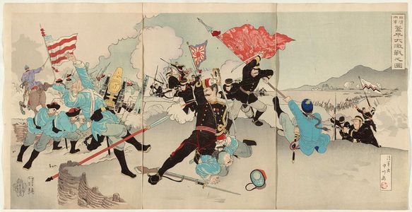 Japanese Print "Chinese and Japanese Troops in a Great Battle at Gaiping (Nisshin ryôgun Gaihei daigekisen no zu)" by Nakagawa