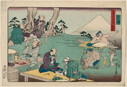 Japanese Print "Totsuka, from the series Human-interest Views of the Fifty-three Stations of the Tôkaidô Road (Tôkaidô gojûsan tsugi jinbutsushi)" by Utagawa Kuniyoshi, 歌川国芳 (Utagawa Kuniyoshi)