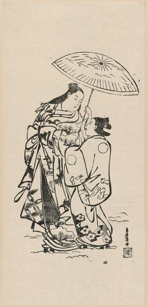 Torii Kiyomasu I: Courtesan and attendant walking in snow - Museum of Fine Arts