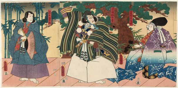 Utagawa Kunisada: Actors Ichikawa Danjûrô VIII as Togashi Saemon (R), Ichikawa Ebizô V as Musashibô Benkei (C), and Ichikawa Saruzô I as Minamoto no Yoshitsune (L) - Museum of Fine Arts