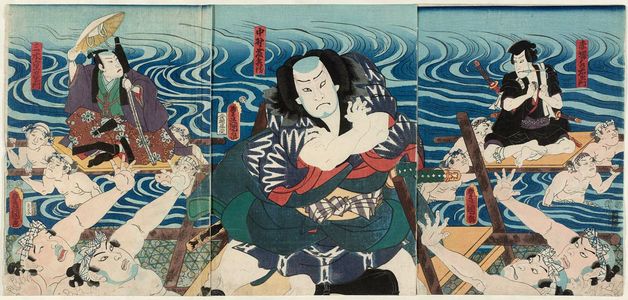 Utagawa Kunisada: Actors Kataoka Gadô II as Miki Shigezaemon, Naritaya Sôbei II, Ôtani Tokuji II - Museum of Fine Arts