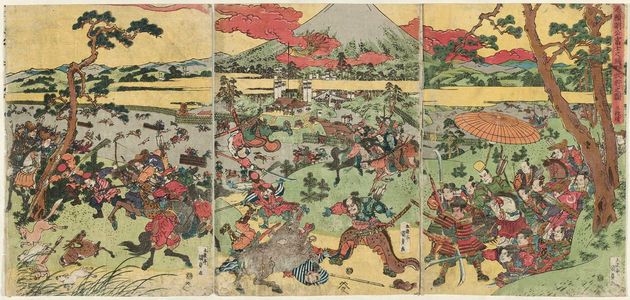 Utagawa Kunisada: Lord Minamoto Yoritomo's Hunt at the Foot of Mount Fuji, a Triptych (Minamoto Yoritomo kô Fuji no susono makigari no zu, sanmai tsuzuki) - Museum of Fine Arts