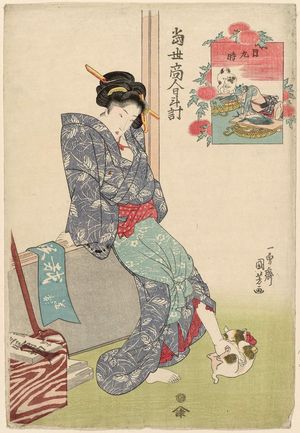 Utagawa Kuniyoshi: Noon (Hi kokonotsu no toki): Woman Playing with Cat, Fishmonger and Dog, from the series Sundial of Modern Tradesmen (Tôsei akindo hidokei) - Museum of Fine Arts