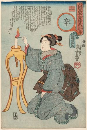 Utagawa Kuniyoshi: The Trigram Zhen, Thunder: Difficulties, Night Rain of the Candle (Shin, rôsoku no yoru no ame), from the series Eight Views of Incidents in Daily Life: Women Representing the Eight Trigrams (Ningen banji ômi hakkei) - Museum of Fine Arts