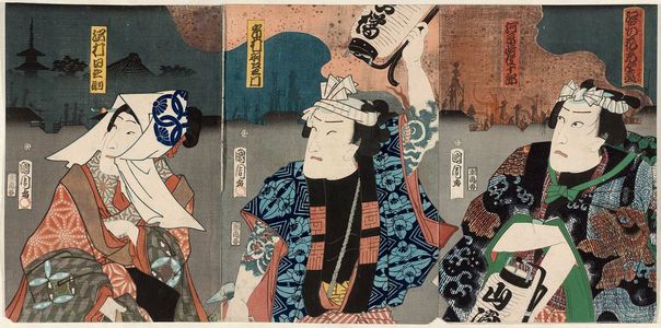 Toyohara Kunichika: Actors Kawarazaki Gonjûrô (R), Ichimura Uzaemon (C), and Sawamura Tanosuke (L) - Museum of Fine Arts