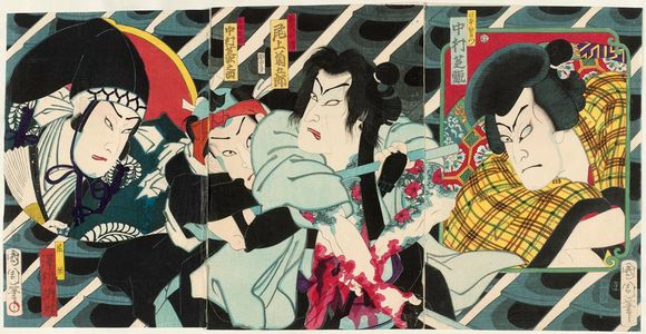 Toyohara Kunichika: Actors Nakamura Shikan as Nippondaemon (R), Onoe Kikugorô as Benten Kozô (C), and Nakamura Shikanosuke (L) - Museum of Fine Arts