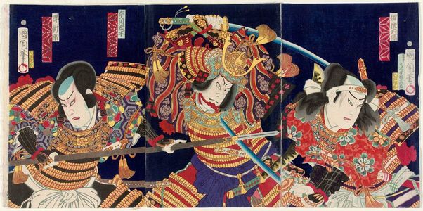 Toyohara Kunichika: Actors Sawamura Tosshô, Nakamura Shikan, and Ichikawa Sadanji ?(R to L) - Museum of Fine Arts