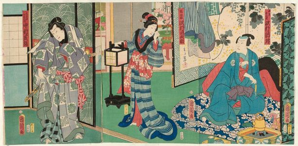 Toyohara Kunichika: Actors Sawamura Tosshô, Sawamura Tanosuke, and Nakamura Shikan (R to L) - Museum of Fine Arts