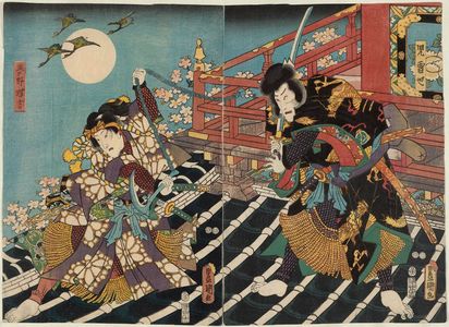 Utagawa Kunisada: Actors Ichikawa Danjûrô VIII as Jiraiya (R) and Iwai Kumesaburô III as Yumeno Chôkichi (L) - Museum of Fine Arts