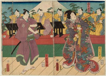 Utagawa Kunisada: Actors Onoe Kikugorô IV as Koshimoto Okaru (R) and Nakamura Fukusuke I as Hayano Kanpei (L), with musicians of the Kiyomoto Group - Museum of Fine Arts