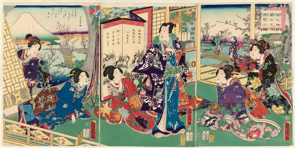 Toyohara Kunichika: Lord Genji's Excursion to the Fuji-view Retreat (Genji no kimi Fujimi-an yûran no zu) - Museum of Fine Arts