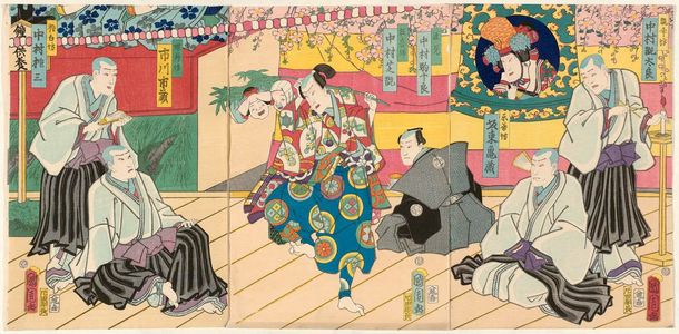 Toyohara Kunichika: Actors Nakamura Kantarô, Bandô Kamezô, Nakamura Komajûrô, Nakamura Shikan, Ichikawa Ichizô, and Ichikawa XXzô (R to L) - Museum of Fine Arts