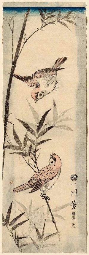 歌川芳員: Sparrows and Bamboo - ボストン美術館