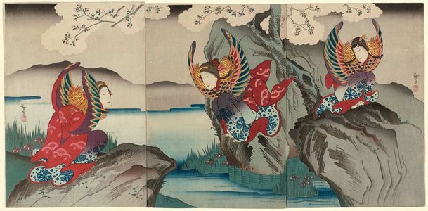 Utagawa Hirosada: Actors as Mandarin Ducks: Nakamura Tamashichi (R), Arashi Rikaku II (C), and Sawamura Kitô (L) - Museum of Fine Arts