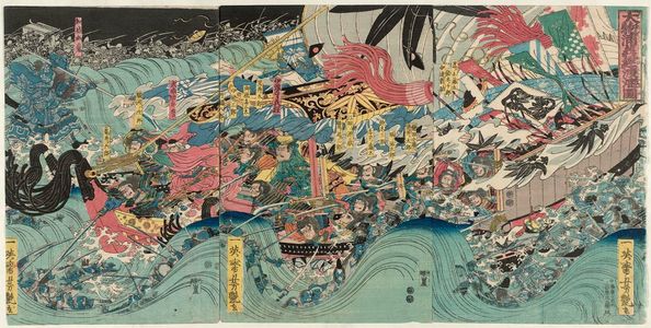 Utagawa Yoshitsuya: Yoshitsune Crossing the Sea at Daimotsu Bay (Daimotsu no ura Yoshitsune tokai no zu) - Museum of Fine Arts
