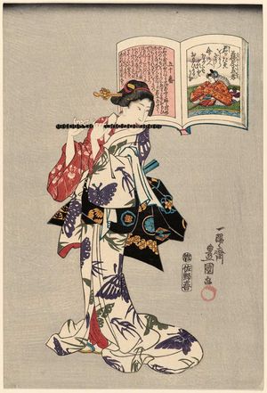 Utagawa Kunisada: Poem by Fujiwara no Yoshitaka, No. 50, from the series A Pictorial Commentary on One Hundred Poems by One Hundred Poets (Hyakunin isshu eshô; no series title on this design) - Museum of Fine Arts