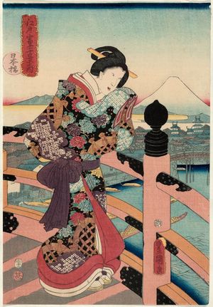 Japanese Print "Nihonbashi Bridge, from the series Ten Views of Mount Fuji from Edo (Edo no Fuji jukkei no uchi)" by Utagawa Kunisada, 歌川国貞 (Utagawa Kunisada I (Toyokuni III))