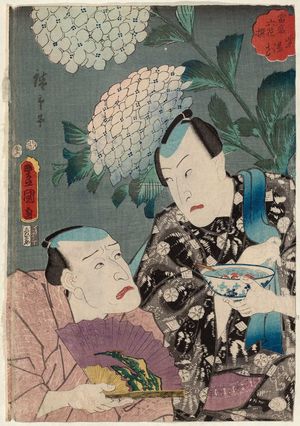 Utagawa Kunisada: Hydrangea (Ajisai): Actors Bandô Takesaburô I and Nakamura Tsuruzô I, from the series Selection of Six Flowers Currently in Full Bloom (Tôsei rokkasen) - Museum of Fine Arts
