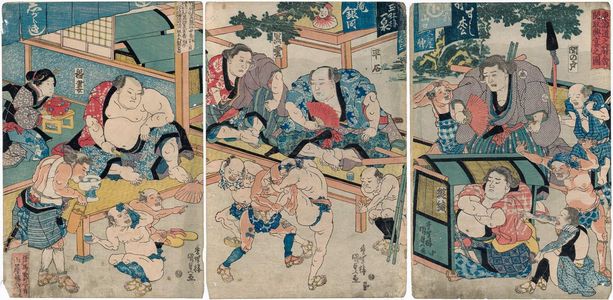 Utagawa Kunisada: Sumô Wrestlers and Porters Taking a Break at a Tôkaidô Station (Tôkaidô no ekisha sekitori kôen no zu) - Museum of Fine Arts