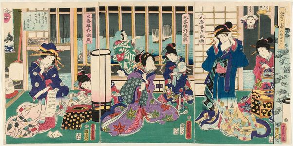 Ochiai Yoshiiku: A Modern Spring View (Tôsei haru no nagame): Courtesans Takihashi (R), Takiaya (C), and Takigawa (L) of the Hisakichi-rô - Museum of Fine Arts