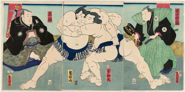 Utagawa Kunisada: Sumô Wrestlers Shiranui (R) and Kimenzan (L), Referee Shikimori Inosuke (R), and Judge Tamagaki (L) - Museum of Fine Arts