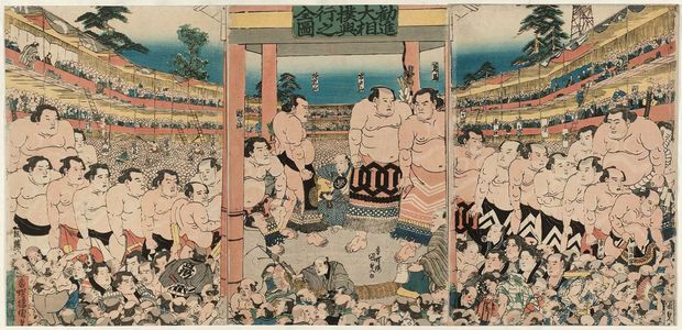 歌川国貞: Complete View of the Fund-raising Sumô Tournament (Kanjin ôzumô kôgyô no zenzu) - ボストン美術館