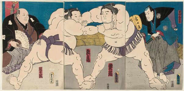 歌川国貞: Sumô Wrestlers Unryû (R) and Zôgabana (L), with Referee Shikimori Kandayû (R) and Judge Oitekaze (L) - ボストン美術館