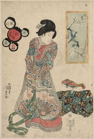 Japanese Print "Plum and Warbler (Ume ni uguisu), from the series Fûryû aioi zukushi (Collection of Fashionable Pairings)" by Utagawa Kunisada, 歌川国貞 (Utagawa Kunisada I (Toyokuni III))